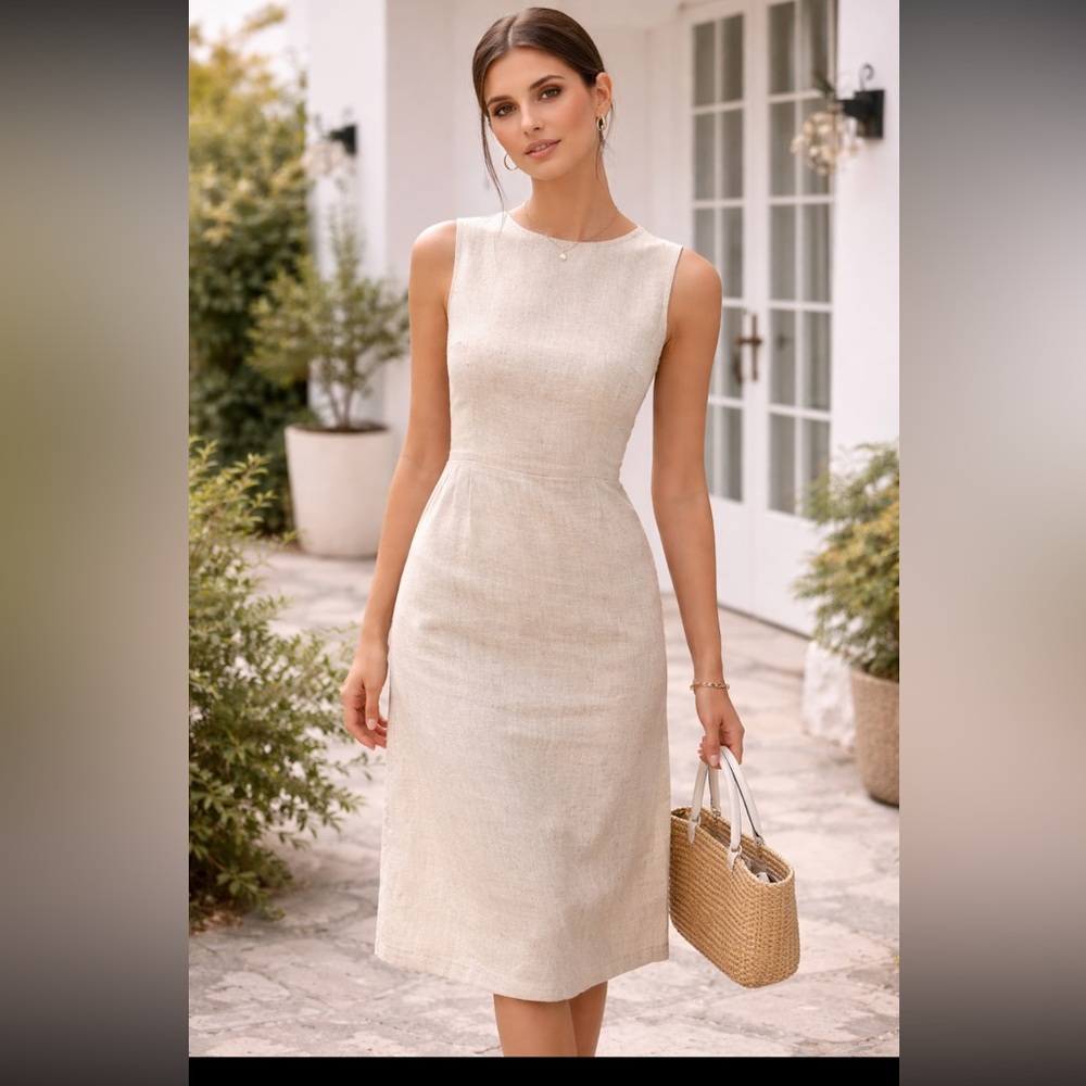 VTG Tanner Elegant Cream Sleeveless Linen Blend Dress Zip Back coastal